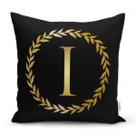 - Rh-K9569-Gorsel1 - Realhomes Siyah Zemin Gold Yaprak Çerçeveli I Harfi Özel Tasarım Dijital Baskılı Yastık Kırlent Kılıfı Realhomes