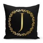 - Rh-K9570-Gorsel1 - Realhomes Siyah Zemin Gold Yaprak Çerçeveli J Harfi Özel Tasarım Dijital Baskılı Yastık Kırlent Kılıfı Realhomes