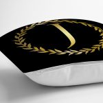 - Rh-K9570-Gorsel3 - Realhomes Siyah Zemin Gold Yaprak Çerçeveli J Harfi Özel Tasarım Dijital Baskılı Yastık Kırlent Kılıfı Realhomes