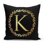 Siyah Zemin Gold Yaprak Çerçeveli K Harfi Özel Tasarım Dijital Baskılı Yastık Kırlent Kılıfı Realhomes