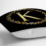 Siyah Zemin Gold Yaprak Çerçeveli K Harfi Özel Tasarım Dijital Baskılı Yastık Kırlent Kılıfı Realhomes