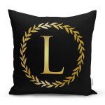 Siyah Zemin Gold Yaprak Çerçeveli L Harfi Özel Tasarım Dijital Baskılı Yastık Kırlent Kılıfı Realhomes