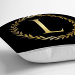 Siyah Zemin Gold Yaprak Çerçeveli L Harfi Özel Tasarım Dijital Baskılı Yastık Kırlent Kılıfı Realhomes