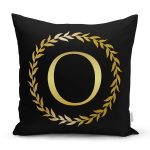 Siyah Zemin Gold Yaprak Çerçeveli O Harfi Özel Tasarım Dijital Baskılı Yastık Kırlent Kılıfı Realhomes