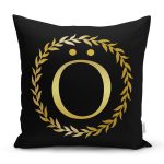 - Rh-K9576-Gorsel1 - Realhomes Siyah Zemin Gold Yaprak Çerçeveli Ö Harfi Özel Tasarım Dijital Baskılı Yastık Kırlent Kılıfı Realhomes