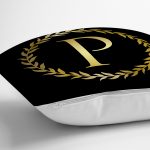 - Rh-K9577-Gorsel3 - Realhomes Siyah Zemin Gold Yaprak Çerçeveli P Harfi Özel Tasarım Dijital Baskılı Yastık Kırlent Kılıfı Realhomes