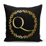 Siyah Zemin Gold Yaprak Çerçeveli Q Harfi Özel Tasarım Dijital Baskılı Yastık Kırlent Kılıfı Realhomes
