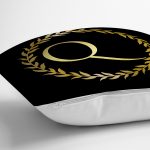 Siyah Zemin Gold Yaprak Çerçeveli Q Harfi Özel Tasarım Dijital Baskılı Yastık Kırlent Kılıfı Realhomes