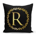 Siyah Zemin Gold Yaprak Çerçeveli R Harfi Özel Tasarım Dijital Baskılı Yastık Kırlent Kılıfı Realhomes
