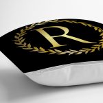 Siyah Zemin Gold Yaprak Çerçeveli R Harfi Özel Tasarım Dijital Baskılı Yastık Kırlent Kılıfı Realhomes