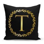 - Rh-K9582-Gorsel1 - Realhomes Siyah Zemin Gold Yaprak Çerçeveli T Harfi Özel Tasarım Dijital Baskılı Yastık Kırlent Kılıfı Realhomes