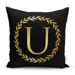 Siyah Zemin Gold Yaprak Çerçeveli U Harfi Özel Tasarım Dijital Baskılı Yastık Kırlent Kılıfı Realhomes