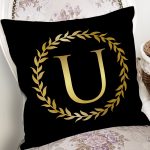 Siyah Zemin Gold Yaprak Çerçeveli U Harfi Özel Tasarım Dijital Baskılı Yastık Kırlent Kılıfı Realhomes