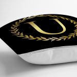 Siyah Zemin Gold Yaprak Çerçeveli U Harfi Özel Tasarım Dijital Baskılı Yastık Kırlent Kılıfı Realhomes