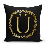 Siyah Zemin Gold Yaprak Çerçeveli Ü Harfi Özel Tasarım Dijital Baskılı Yastık Kırlent Kılıfı Realhomes