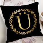 Siyah Zemin Gold Yaprak Çerçeveli Ü Harfi Özel Tasarım Dijital Baskılı Yastık Kırlent Kılıfı Realhomes