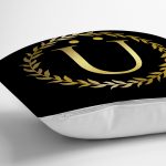 Siyah Zemin Gold Yaprak Çerçeveli Ü Harfi Özel Tasarım Dijital Baskılı Yastık Kırlent Kılıfı Realhomes