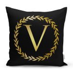 Siyah Zemin Gold Yaprak Çerçeveli V Harfi Özel Tasarım Dijital Baskılı Yastık Kırlent Kılıfı Realhomes