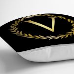 Siyah Zemin Gold Yaprak Çerçeveli V Harfi Özel Tasarım Dijital Baskılı Yastık Kırlent Kılıfı Realhomes