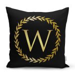 Siyah Zemin Gold Yaprak Çerçeveli W Harfi Özel Tasarım Dijital Baskılı Yastık Kırlent Kılıfı Realhomes