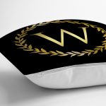 Siyah Zemin Gold Yaprak Çerçeveli W Harfi Özel Tasarım Dijital Baskılı Yastık Kırlent Kılıfı Realhomes