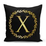 - Rh-K9587-Gorsel1 - Realhomes Siyah Zemin Gold Yaprak Çerçeveli X Harfi Özel Tasarım Dijital Baskılı Yastık Kırlent Kılıfı Realhomes
