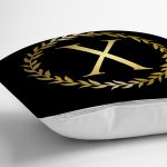 - Rh-K9587-Gorsel3 - Realhomes Siyah Zemin Gold Yaprak Çerçeveli X Harfi Özel Tasarım Dijital Baskılı Yastık Kırlent Kılıfı Realhomes