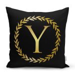 Siyah Zemin Gold Yaprak Çerçeveli Y Harfi Özel Tasarım Dijital Baskılı Yastık Kırlent Kılıfı Realhomes