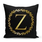 Siyah Zemin Gold Yaprak Çerçeveli Z Harfi Özel Tasarım Dijital Baskılı Yastık Kırlent Kılıfı Realhomes