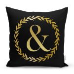 - Rh-K9590-Gorsel1 - Realhomes Siyah Zemin Gold Yaprak Çerçeveli & Harfi Özel Tasarım Dijital Baskılı Yastık Kırlent Kılıfı Realhomes