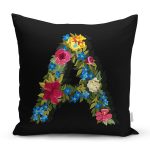 Siyah Zemin Renkli Gül Temalı A Harfi Özel Tasarım Dijital Baskılı Yastık Kırlent Kılıfı Realhomes