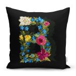 - Rh-K9592-Gorsel1 - Realhomes Siyah Zemin Renkli Gül Temalı B Harfi Özel Tasarım Dijital Baskılı Yastık Kırlent Kılıfı Realhomes