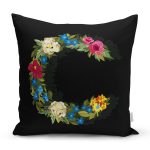 Siyah Zemin Renkli Gül Temalı C Harfi Özel Tasarım Dijital Baskılı Yastık Kırlent Kılıfı Realhomes