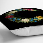 Siyah Zemin Renkli Gül Temalı C Harfi Özel Tasarım Dijital Baskılı Yastık Kırlent Kılıfı Realhomes