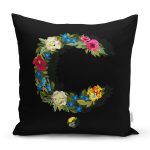 Siyah Zemin Renkli Gül Temalı Ç Harfi Özel Tasarım Dijital Baskılı Yastık Kırlent Kılıfı Realhomes