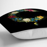 Siyah Zemin Renkli Gül Temalı Ç Harfi Özel Tasarım Dijital Baskılı Yastık Kırlent Kılıfı Realhomes