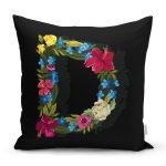 - Rh-K9595-Gorsel1 - Realhomes  Siyah Zemin Renkli Gül Temalı D Harfi Özel Tasarım Dijital Baskılı Yastık Kırlent Kılıfı Realhomes