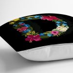 - Rh-K9595-Gorsel3 - Realhomes  Siyah Zemin Renkli Gül Temalı D Harfi Özel Tasarım Dijital Baskılı Yastık Kırlent Kılıfı Realhomes