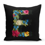Siyah Zemin Renkli Gül Temalı E Harfi Özel Tasarım Dijital Baskılı Yastık Kırlent Kılıfı Realhomes