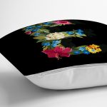 Siyah Zemin Renkli Gül Temalı E Harfi Özel Tasarım Dijital Baskılı Yastık Kırlent Kılıfı Realhomes