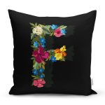 Siyah Zemin Renkli Gül Temalı F Harfi Özel Tasarım Dijital Baskılı Yastık Kırlent Kılıfı Realhomes