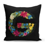 Siyah Zemin Renkli Gül Temalı G Harfi Özel Tasarım Dijital Baskılı Yastık Kırlent Kılıfı Realhomes