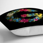 Siyah Zemin Renkli Gül Temalı G Harfi Özel Tasarım Dijital Baskılı Yastık Kırlent Kılıfı Realhomes