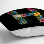 - Rh-K9599-Gorsel3 - Realhomes Siyah Zemin Renkli Gül Temalı H Harfi Özel Tasarım Dijital Baskılı Yastık Kırlent Kılıfı Realhomes