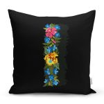 - Rh-K9601-Gorsel1 - Realhomes  Siyah Zemin Renkli Gül Temalı I Harfi Özel Tasarım Dijital Baskılı Yastık Kırlent Kılıfı Realhomes