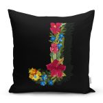 Siyah Zemin Renkli Gül Temalı J Harfi Özel Tasarım Dijital Baskılı Yastık Kırlent Kılıfı Realhomes