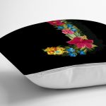 Siyah Zemin Renkli Gül Temalı J Harfi Özel Tasarım Dijital Baskılı Yastık Kırlent Kılıfı Realhomes