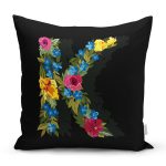 - Rh-K9603-Gorsel1 - Realhomes Siyah Zemin Renkli Gül Temalı K Harfi Özel Tasarım Dijital Baskılı Yastık Kırlent Kılıfı Realhomes