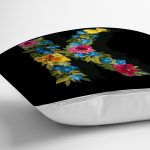 - Rh-K9603-Gorsel3 - Realhomes Siyah Zemin Renkli Gül Temalı K Harfi Özel Tasarım Dijital Baskılı Yastık Kırlent Kılıfı Realhomes