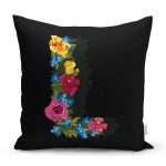 - Rh-K9604-Gorsel1 - Realhomes Siyah Zemin Renkli Gül Temalı L Harfi Özel Tasarım Dijital Baskılı Yastık Kırlent Kılıfı Realhomes